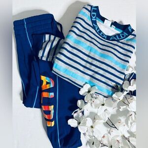 Aldi Gear Unisex Striped Rainbow Logo Two Piece CrewnSweatshirt Jogger Pants Set
